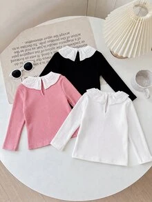 SHEIN 女嬰秋冬白色針織彼得潘領長袖上衣，附保暖內裡 - 白色 - 查看 2