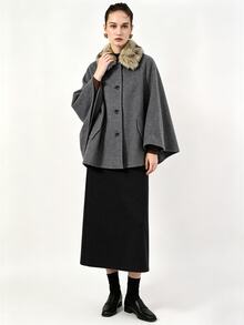 Lumivelle Women's Vintage Oversized Fur Collar Batwing Sleeve Wool Cape Coat - Dark Grey - View 4