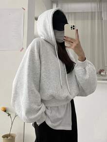 DAZY 女款純色連帽寬鬆短版運動衫 - 淺灰色 - 查看 5