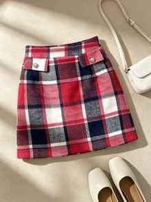 SHEIN Franclia 女款高腰鈕扣設計格紋優雅裙 - 彩色 - 查看 1