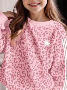 Vintage Fashion Pink Leopard Print Colorblock Sports Stripe, Girls Casual Crew Neck Long Sleeve Sweatshirt & Leggings 2pcs Set New Style Suitable For Autumn/Winter Daily Wear, Outings, Campus, Sports, Back To School Season, Relaxed Chic, American Streetwear Girl, Sweet Cool Relaxed Fashion - Multicolor - View 6