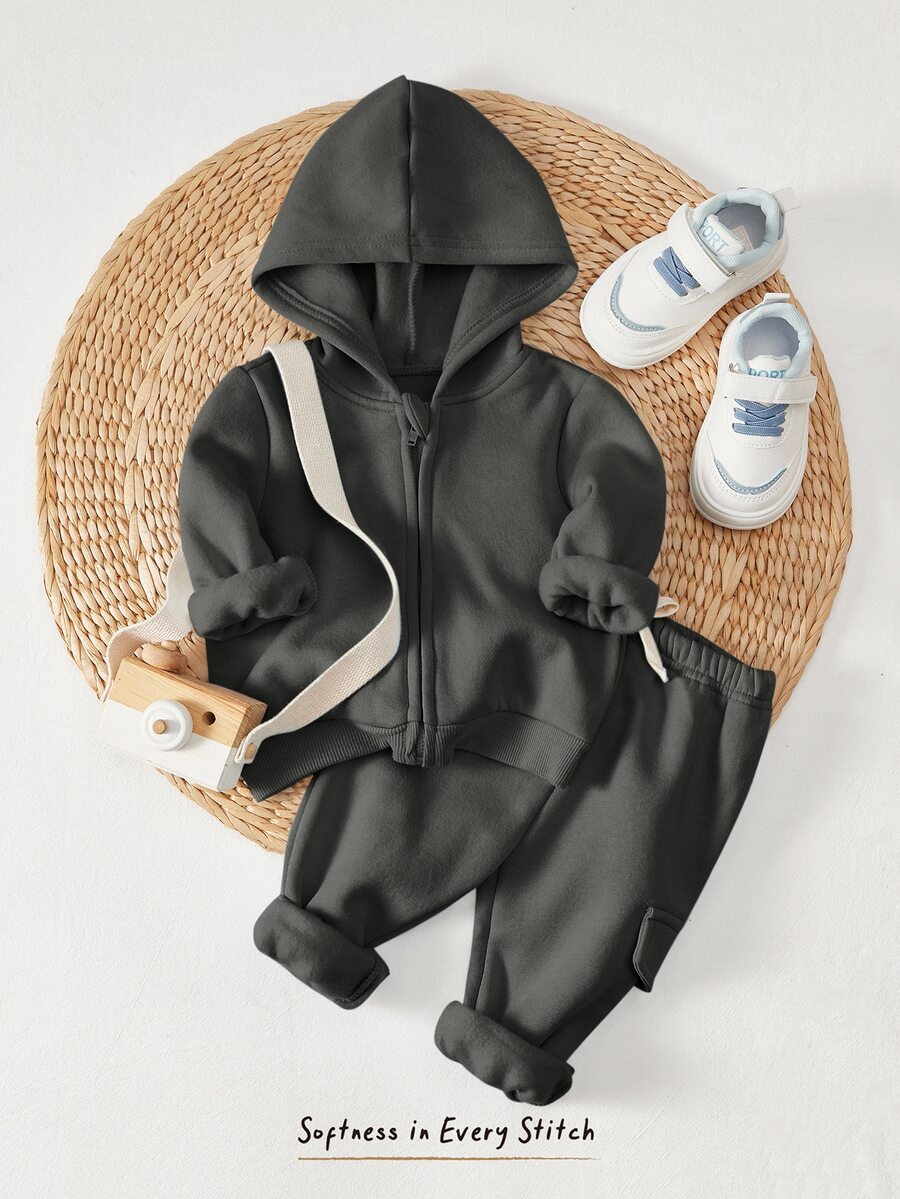 Cozy Pixies 2件組男嬰純色藍色拉鍊連帽衛衣與抽繩長褲套裝 Baby Hoodie Yboy - 灰色 - 查看 1