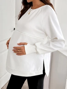 SHEIN Maternity Solid Color Nursing Function Casual Daily Long Sleeve Sweatshirt Winter - White - View 4