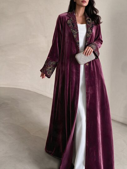 Yasmyna Women's Burgundy Knit Flocked Long Sleeve Patchwork Flocked Straight Leg Elegant Commute Abaya