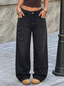 Muchica Women's Fashion Patchwork Embroidered Button Pocket Loose Fit Denim Jeans - Black - View 5