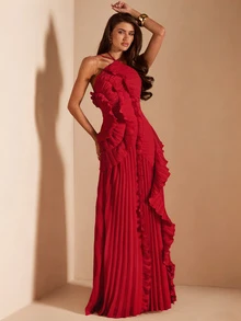 SHEIN BAE 春夏女款粉色掛脖百褶精緻開衩高開衩洋裝，婚禮賓客禮服，情人節洋裝，粉色洋裝 - 紅色 - 查看 5