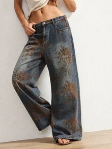 SHEIN MOD Women's Plus Size Floral Print Pocket Wide Leg Loose Fit Denim Jeans - Blue - View 6