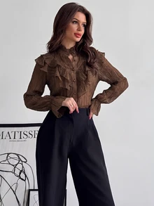 Firerie Autumn Women Elegant Sophisticated Romantic Palace Vintage Stand Collar Ruffle Jacquard Textured Button Bell Sleeve Apricot Blouse Going Out Tops - Brown - View 4