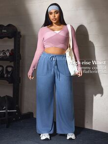 Flexra Plus Size Women's Drawstring Waist Casual Daily Straight Leg Denim Jeans - Blue - View 7