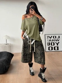 Coolane 女款秋季街頭風外出穿搭 Y2K 骷髏圖案萬聖節套裝 寬鬆版 - 軍綠色 - 查看 2