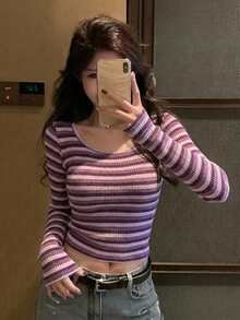 DAZY 女款條紋休閒日常長袖T恤 Y2K - 紫色 - 查看 5