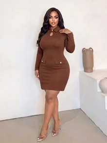 Poshavie Poshavie Plus Size Women's Minimalist Casual Elegant Dress, Comfortable Elastic Fabric Versatile Classic, Suitable For Commute Office Formal Brown Autumn - Brown - View 4