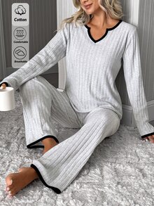 SHEIN Women's Contrast Binding Notch Neck Ribbed Long Sleeve Top And Straight Leg Pants 2 Pieces Casual Paj - Light Grey - View 7