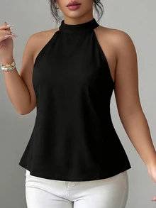 Elenzga Plus Size Women's Solid Color Back Contrast Lace Elegant Halter Neck Blouse - Black - View 7