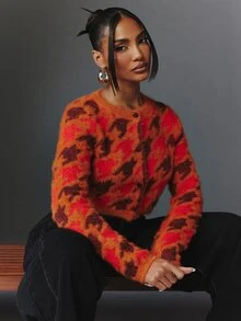 NYA SZN Women's Geometric Pattern Long Sleeve Single-Breasted Knit Cardigan - Multicolor - View 1