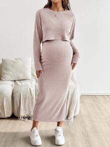 SHEIN 孕婦純色圓領短袖上衣與裙子兩件套 - 藕粉色 - 查看 3