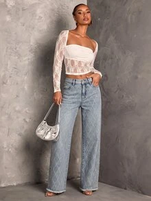 SHEIN MOD Women's Street Style Rhinestone Button Pocket Frayed Hem Jeans - Light Wash - View 4