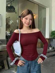 DAZY 女款方領修身性感風 T恤 - 酒紅色 - 查看 5
