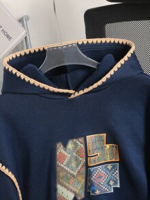 Sparklyn 青少年女孩休閒街頭風抓絨貝殼針織皇家藍印花衛衣，適合學校日常穿著 - 藍色 - 查看 3