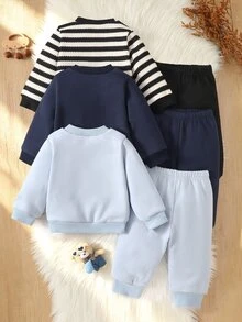 SHEIN 6件組幼童男童衛衣長褲套裝 英倫風可愛海軍藍淺藍條紋熊貼布 長袖圓領加厚 冬季秋季節日派對運動款 - 彩色 - 查看 6