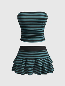 ROMWE Grunge Punk Y2K Millennium Sexy Camouflage All-Over Print Tube Top & Ultra Short Mini Skirt 2pcs Set - Green - View 1