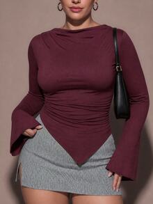 SHEIN BAE CURVE Atasan Kasual Sehari-hari Serbaguna untuk Wanita Ukuran Plus Warna Polos dengan Detail Kerut dan Potongan Pas Badan - Burgundy - View 1