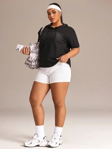 Rhythm Era Women's Plus Size Mesh Minimalist Short Sleeve Hooded Sports T-Shirt - Black - View 7