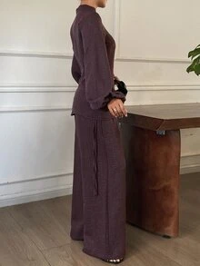 Dazy Tall Solid Color Fitted Waist Drawstring Stand Collar Long Sleeve Pullover Shirt & Wide Leg Pants Elegant Vacation Spring Autumn Women 2pcs Set - Coffee Brown - View 3