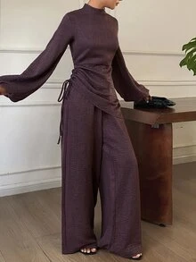 Dazy Tall Solid Color Fitted Waist Drawstring Stand Collar Long Sleeve Pullover Shirt & Wide Leg Pants Elegant Vacation Spring Autumn Women 2pcs Set - Coffee Brown - View 4