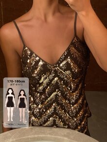 Dazy Tall Women's V-Neck Spaghetti Strap Sequin Embellished Fitted Party Style Tank Top - Gold - View 1
