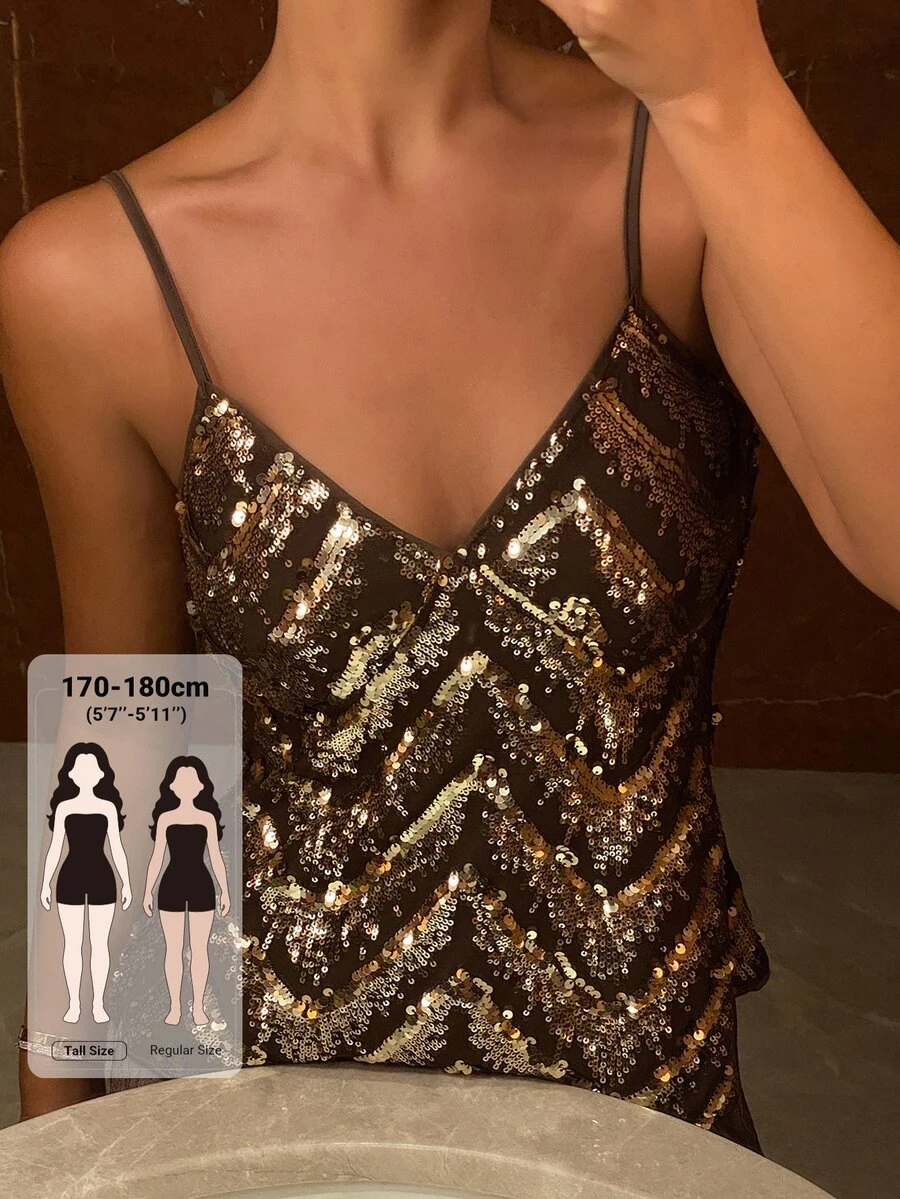 Dazy Tall Women's V-Neck Spaghetti Strap Sequin Embellished Fitted Party Style Tank Top - Gold - View 1