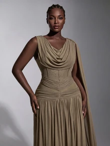 Elitara Elegant Grey Minimalist Sophisticated Cowl Neck Long Ribbon Pleated Design A-Line Skirt High Slit Maxi Dress Suitable For Wedding Events Holiday Parties Formal Evening Banquets Bridesmaid Gown - Brown - View 1
