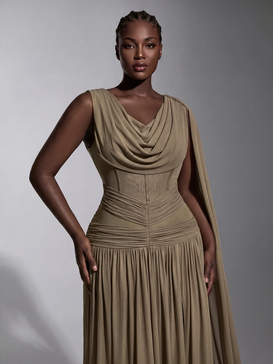 Elitara Elegant Grey Minimalist Sophisticated Cowl Neck Long Ribbon Pleated Design A-Line Skirt High Slit Maxi Dress Suitable For Wedding Events Holiday Parties Formal Evening Banquets Bridesmaid Gown - Brown - View 1
