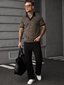 SLATEMANN Men's Leopard Print Letter Denim Short Sleeve Casual Polo Shirt - Black - View 6