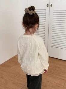 DAZY Baby Girl Round Neck Ruffle Trim Long Sleeve Korean Style One-Piece Casual Sweatshirt, Autumn/Winter - Apricot - View 2