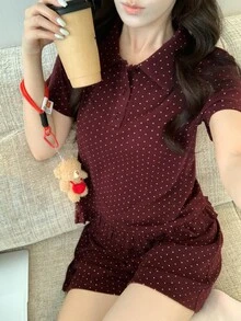 DAZY 女款夏季睡衣套裝 2件組，短袖半鈕扣翻領上衣配木耳邊飾與波點滿版印花，短版短褲 - 粉色 - 查看 6