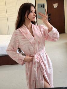 DAZY Women's Comfortable Versatile Striped Long Sleeve Soft Plush Robe - Pink - View 6