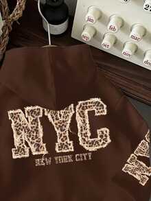 Comfortcana 休閒極簡印花 NYC 豹紋英文字母圖案棕色運動衫，適合秋冬穿著 - 彩色 - 查看 3
