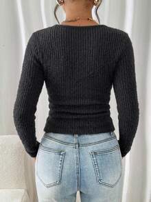 SHEIN Frenchy Women's Simple Versatile Ribbed Long Sleeve T-Shirt For Daily Wear - Black - View 2