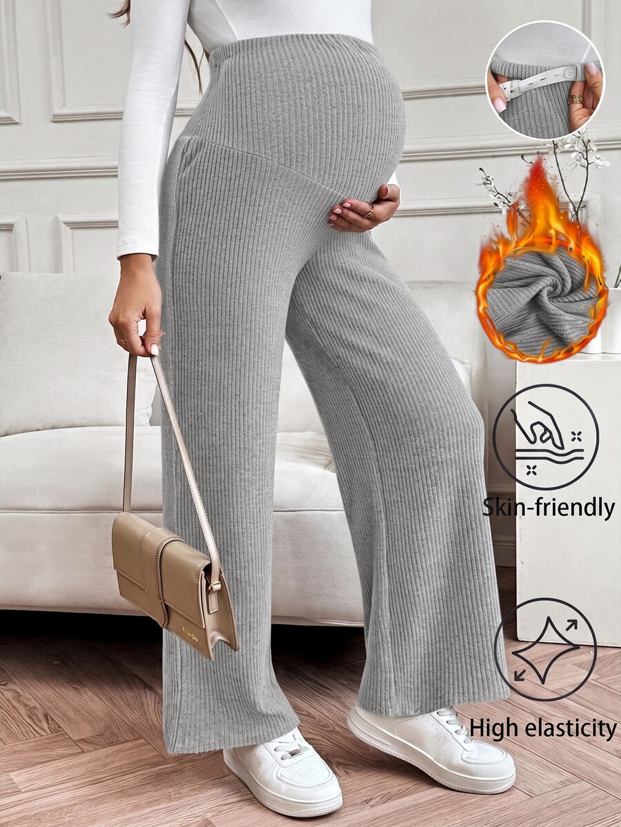 SHEIN 孕婦休閒可調腰圍護肚舒適長褲 - 淺灰色 - 查看 1