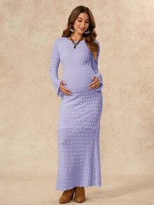 Boho Mama 孕婦純色紋理圓領長袖修身優雅洋裝 - 淡紫色 - 查看 5
