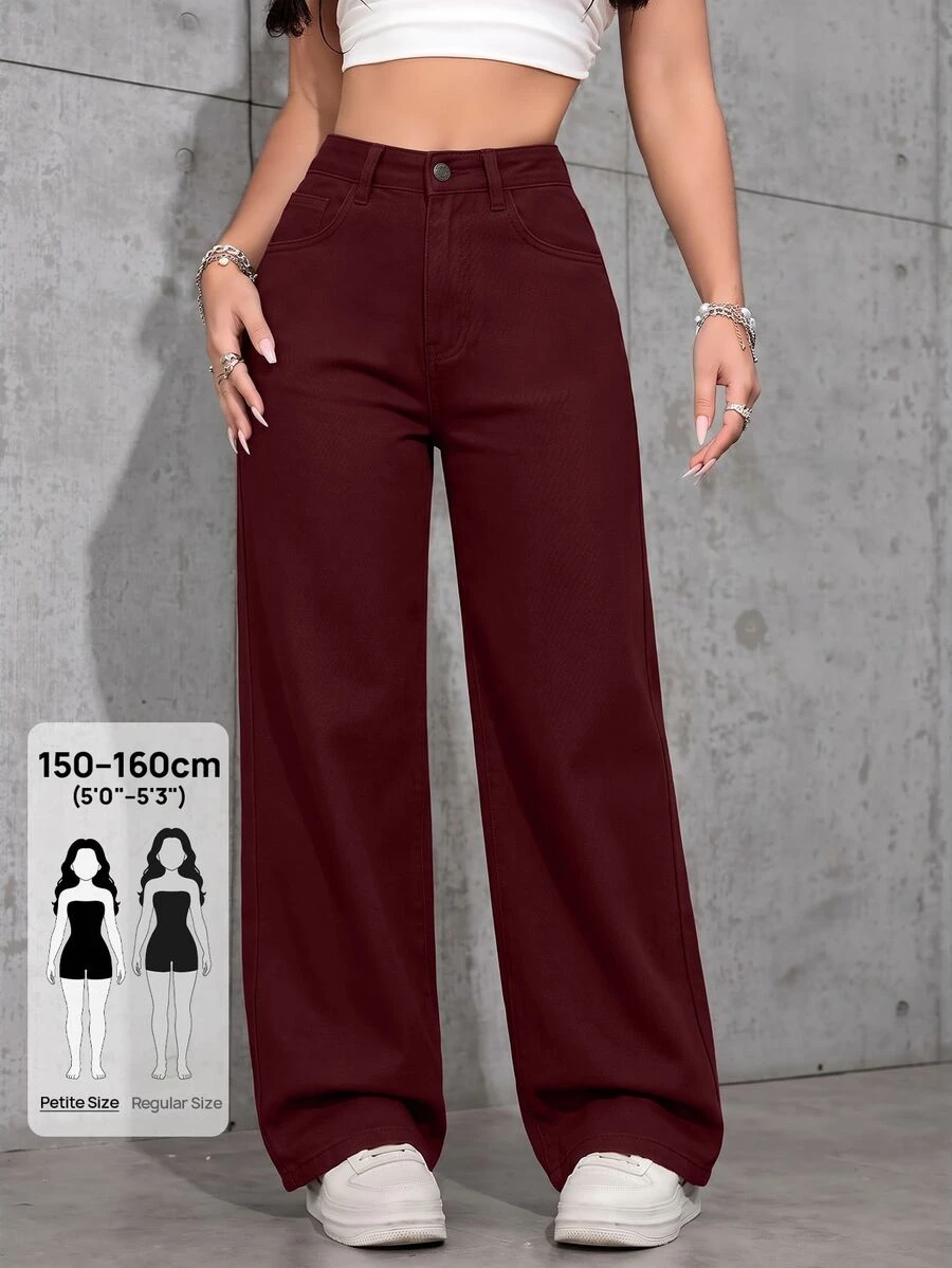 SHEIN PETITE 女款休閒日常牛仔褲,附口袋與鈕扣,秋冬款,小碼女款,新年牛仔褲 - 酒紅色 - 查看 1
