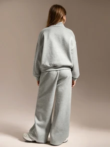 SHEIN طقم سويت شيرت نصف سحاب فضفاض وبنطال رياضي كاجوال للبنات المراهقات، مقاس كبير، ملابس العودة للمدرسة، مبطن بالصوف الدافئ والمريح للخريف/الشتاء - رمادي فاتح - مشاهدة 2