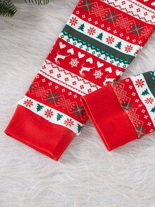 Santa Claus Tween Girl Autumn/Winter Pajamas Fair Isle Knitted Stretchy Ribbed Snug Fit Top Pants Allover Print Striped Cartoon Christmas Reindeer - Red - View 6