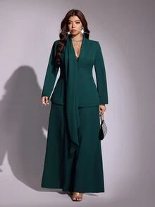 Viva Relle Plus Size French Style Casual Cinched Waist Ribbon Blazer & High Waist Straight Leg Trousers Set - Dark Green - View 5