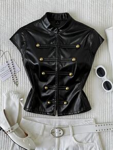 Comfortcana 女款秋冬都市通勤 PU 拿破崙夾克，秋季服飾，女款秋冬夾克，Y2K，基礎上衣，萬聖節，外出穿搭，拿破崙 - 黑色 - 查看 6