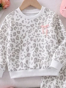 2pcs Baby Girl Casual Fashion Simple Sweet Cute Leopard Print & Bowknot Pattern Crew Neck Sweatshirt Pullover And Matching Leopard Print Pants Set, Suitable For Autumn/Winter - Multicolor - View 3