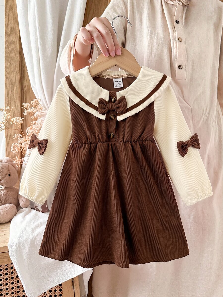 SHEIN Baby Girl Colorblock Thick Corduroy Fabric Asymmetrical Collar With Bow Decor, Cinched Waist And Elastic Cuffs, Vintage Long Autumn Dress For Winter - Brown - View 1