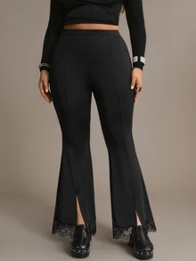 Freevana Plus Size French Lace Patchwork Split Hem Pants - Black - View 2