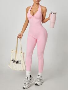 SHEIN Sovereign Charm Jumpsuit Olahraga Wanita Warna Polos dengan Leher V Dalam dan Desain Berpilin, Model Halter Neck - Berwarna merah muda - View 1